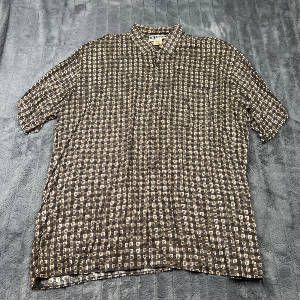 Untied Mens 2X Short Sleeve Button Down Shirt Rayon Geometric Brown Gray 14183